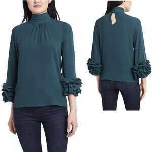 NWT New $99 Vince Camuto High Neck Ruffle Sleeve Green Blouse Size S